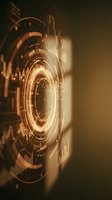 Glowing golden digital portal with concentric circles and light rays creating futuristic tunnel effect. Use for technology, innovation, and sci-fi design projects.