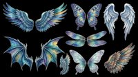 Fairy wings collection featuring blue feathered wings, iridescent butterfly wings, dragon bat wings, and angel wings isolated on transparent background. Ready for t-shirt design, clipart, stickers, sublimation, and print-on-demand projects.