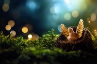 Small golden angel figurine sitting in dark bird nest surrounded by green moss and magical bokeh lights creating mystical forest atmosphere.