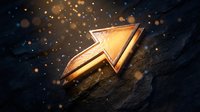 Golden metallic arrow pointing upward with glowing bokeh lights on dark textured background symbolizing growth, success and progress in business.
