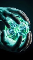 Hands holding glowing green energy sphere with electric lightning effects on dark background, representing power, innovation, technology, and renewable energy concepts.