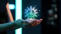 Woman's hands holding glowing holographic wind turbines, symbolizing green energy innovation and sustainable technology in a dark futuristic setting.