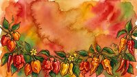 Watercolor painting of red and yellow peppers with green leaves arranged along bottom border against warm orange and yellow gradient background.