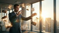 A young Caucasian male professional in business attire stands in a modern high-rise office, gesturing expressively as glowing price tags and currency float around him against a cityscape backdrop during golden hour.