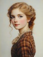 Young woman with strawberry blonde updo hairstyle wearing Victorian era plaid dress with lace collar. Soft romantic portrait features rosy cheeks and natural makeup against neutral background.