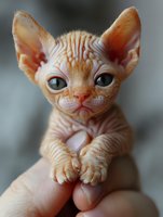 Close-up portrait of hairless Sphynx kitten with large blue eyes and wrinkled peachy skin being gently held in human hands against blurred background.