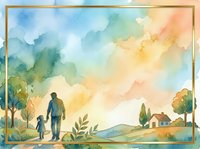 Adult male and young child holding hands standing in rural landscape with cottage, trees, and rolling hills under soft watercolor sky in warm and cool tones with gold frame border.