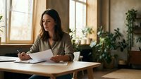 Young professional woman working at wooden desk in bright modern office space with plants and natural lighting for business productivity.