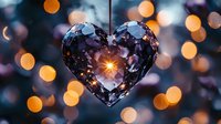 Crystal heart ornament hanging against blurred bokeh lights background creates romantic atmosphere with golden glowing sparkles and reflections.