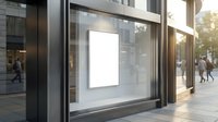 Modern storefront window display with blank white poster frame for advertising mockup on urban street with pedestrians walking by during daytime.