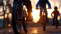 Silhouette of family cycling at sunset, close-up of bicycle wheel in foreground with blurred cyclists against golden sunlight creating atmospheric outdoor scene.