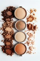 Crushed makeup powder and compact foundation palettes in various skin tone shades from light to dark arranged on white background with powder texture details.
