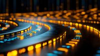 Glowing LED strip lights create curved spiral pattern with warm yellow illumination against dark background, macro photography showing electronic details.