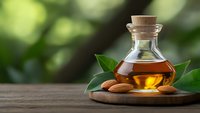 Glass bottle with cork stopper containing golden oil on wooden board with almonds and green leaves against blurred natural background for aromatherapy.