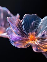 Glowing translucent flower with delicate glass-like petals in purple and orange hues against dark background, macro photography showing intricate details and light effects.