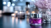 Luxury purple cosmetic cream jar on reflective surface with bokeh lights and crystal decorations. Premium skincare product photography for beauty industry.
