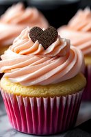 Delicious vanilla cupcake with pink buttercream frosting topped with chocolate heart sprinkles for romantic celebrations and sweet treats.