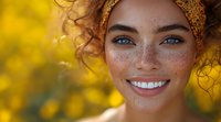Young woman with freckles and curly hair wearing orange headband smiles radiantly against warm golden bokeh background, showcasing natural summer glow and bright blue eyes.
