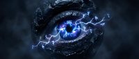 Mystical eye with electric blue lightning bolts and dark stone texture surrounded by dramatic smoke and energy effects for fantasy and supernatural concepts.