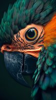 Extreme close-up of macaw parrot eye and beak showing intricate feather detail in vibrant turquoise and orange plumage against dark background.