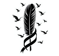 Black silhouette of feather with flowing ribbon and flying birds around, isolated on white background. Suitable for logo design, tattoo art and decorative prints.