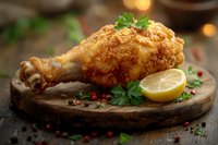 Crispy fried chicken leg with golden crust served on rustic wooden board with fresh lemon slice, parsley and scattered pink peppercorns in warm lighting.