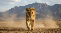 Majestic lioness walking across arid desert landscape with dramatic mountain backdrop during golden hour light creating powerful wildlife scene.