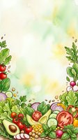 Watercolor vegetable border frame with fresh produce including tomatoes, lettuce, avocado, cucumber, radish and corn on cream background. Ideal for recipe cards, menus.