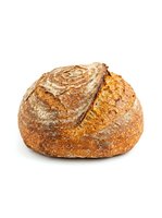 Artisan round loaf with scored crust and golden-brown exterior, isolated on white background for bakery, food packaging, and culinary design projects.