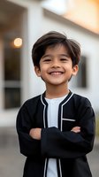 Young Asian boy with bright smile wearing black and white outfit standing with arms crossed against blurred background. Natural lighting creates warm atmosphere.