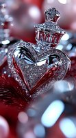 Crystal heart-shaped perfume bottle with sparkling diamonds and ornate silver cap against red background with soft bokeh lights, luxury fragrance concept.