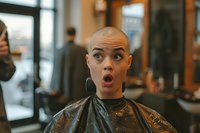 Young woman with shaved head showing shocked expression while sitting in barber chair wearing black salon cape during hair transformation process.