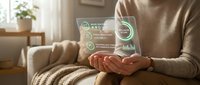 Person in beige sweater holding glowing green holographic interface with analytics charts and data icons, sitting on couch in modern home office environment with natural lighting.