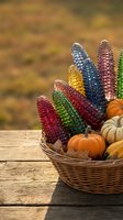 Colorful Indian corn cobs and pumpkins in wicker basket on rustic wooden table with autumn foliage background for seasonal harvest decorations.