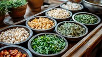 Fresh ingredients in black bowls arranged on wooden tray, including chopped herbs, nuts, sprouts and dried vegetables for Asian cuisine preparation.