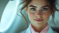 Young woman with striking blue eyes and gentle smile wearing pink collar shirt against soft teal background. Natural beauty portrait with dreamy atmospheric lighting.