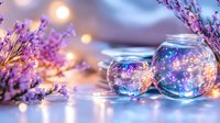 Glowing glass spheres with fairy lights surrounded by purple lavender flowers creating magical bokeh effect on soft blurred background.