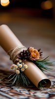 Rolled parchment scroll decorated with pine cone, orange paper flower, dried flowers and evergreen sprigs, tied with twine on textured surface in warm lighting.