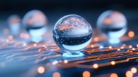 Crystal glass sphere on glowing circuit board with orange light reflections and bokeh effects creating futuristic technology concept for digital transformation.