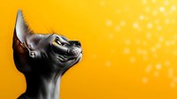 Gray Sphynx cat looking up against vibrant yellow background with bokeh lights, profile view showing distinctive wrinkled skin and large pointed ears.