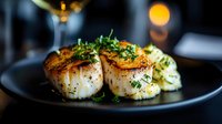 Pan-seared scallops with herbs and garlic butter on dark plate in upscale restaurant setting with wine glass and candlelight ambiance for fine dining menu.