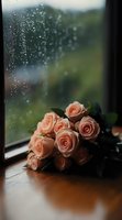 Soft pink roses bouquet on wooden windowsill with raindrops on glass creating romantic atmosphere for wedding, anniversary or Valentine's Day celebrations.