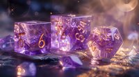Translucent purple dice with golden numbers on reflective surface amid magical bokeh lights and sparkles, creating mystical gaming atmosphere for tabletop roleplay settings.