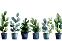Watercolor potted eucalyptus plants in navy blue pots arranged in row on white background, botanical greenery illustration for home decor and stationery design.