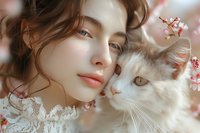 Young Asian woman in white lace dress embracing ragdoll cat amid cherry blossoms, creating dreamy spring portrait with soft natural lighting and romantic mood.