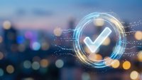 Glowing digital checkmark icon surrounded by circular light rings on a blurred city bokeh background, symbolizing approval and verification.