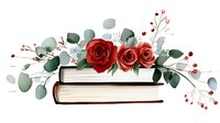 Elegant stacked books with red roses and eucalyptus leaves arrangement, perfect for literature, education, romance, or wedding themes.