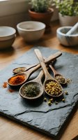 Wooden spoons filled with colorful herbs and spices arranged on dark slate board in rustic kitchen setting with mortar and pestle for cooking preparation.