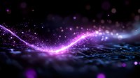 Glowing purple light trail with sparkles flowing over dark circuit board surface creates futuristic technology atmosphere with bokeh effect and depth of field.