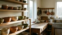Rustic kitchen interior with wooden open shelving displaying ceramic bowls and copper cookware, potted plants, and natural light from windows for home decor.